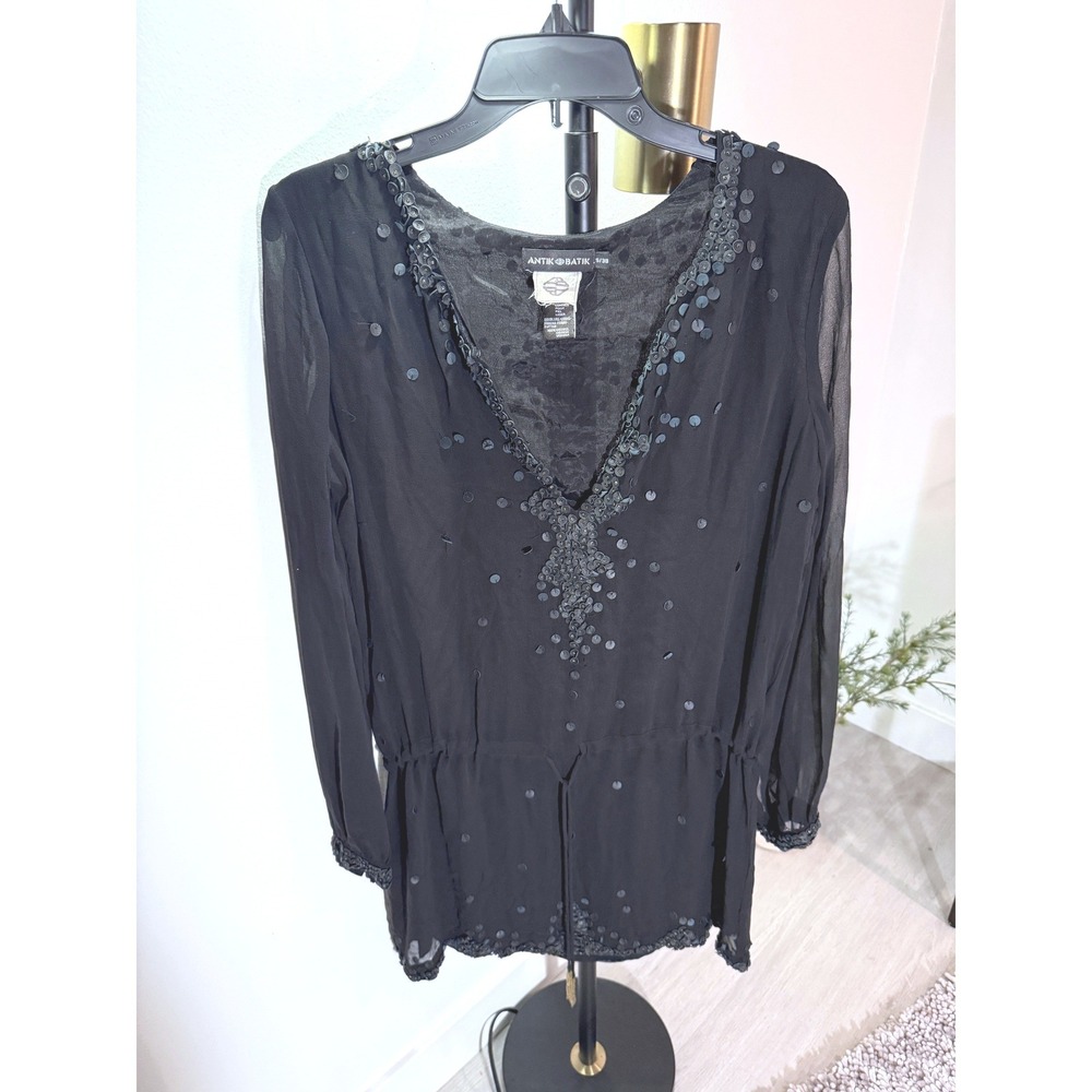 Antik Batik tunic 38 sm black matte silk leather accents embroidery boho EUC